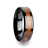 ACACIA Koa Wood Inlaid Black Ceramic Ring with Bevels - 4mm - 8mm