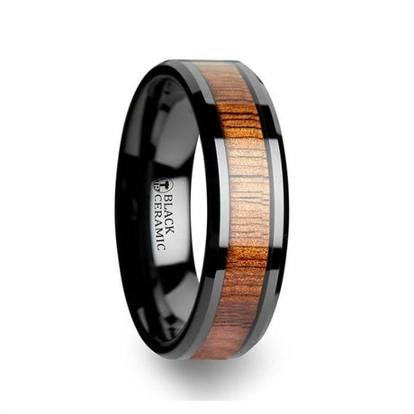 ACACIA Koa Wood Inlaid Black Ceramic Ring with Bevels - 4mm - 8mm