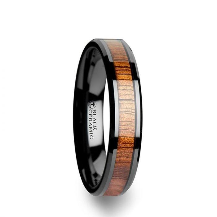 ACACIA Koa Wood Inlaid Black Ceramic Ring with Bevels - 4mm - 8mm