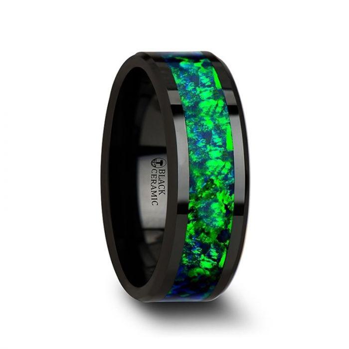 PULSAR Black Ceramic Wedding Band Emerald Green & Sapphire Blue Opal ...