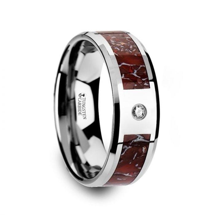 Red Dinosaur Bone Inlay Tungsten Single Diamond Beveled Edges