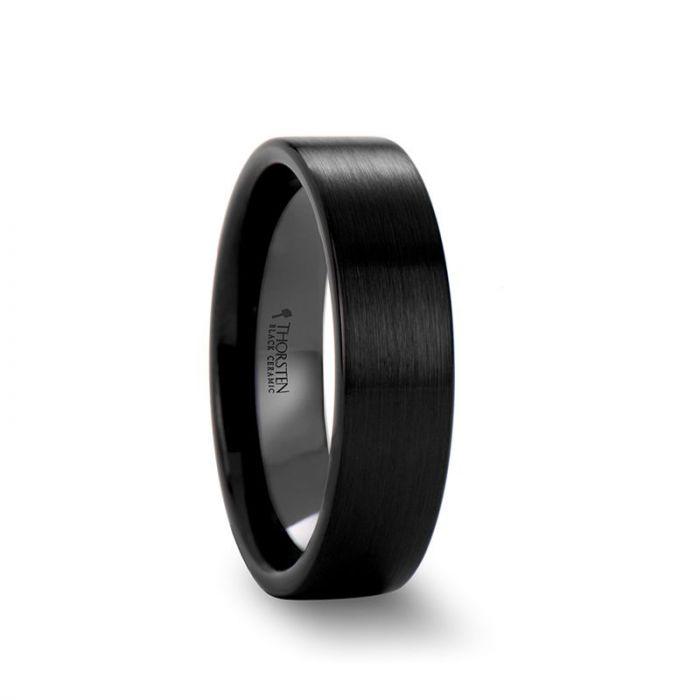 DRAKON Flat Pipe Cut Brush Finished Black Ceramic Wedding Band - 10mm - 12mm
