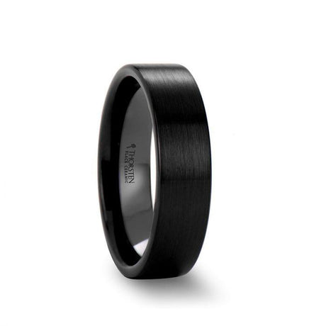 DRAKON Flat Pipe Cut Brush Finished Black Ceramic Wedding Band - 10mm - 12mm