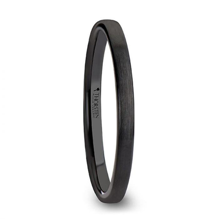 DRAKON Flat Pipe Cut Brush Finished Black Ceramic Wedding Band - 10mm - 12mm