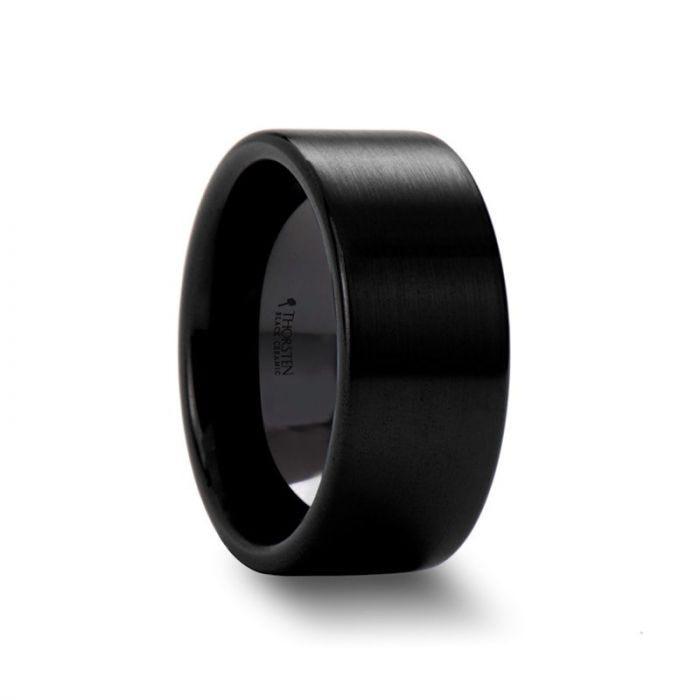 DRAKON Flat Pipe Cut Brush Finished Black Ceramic Wedding Band - 10mm - 12mm