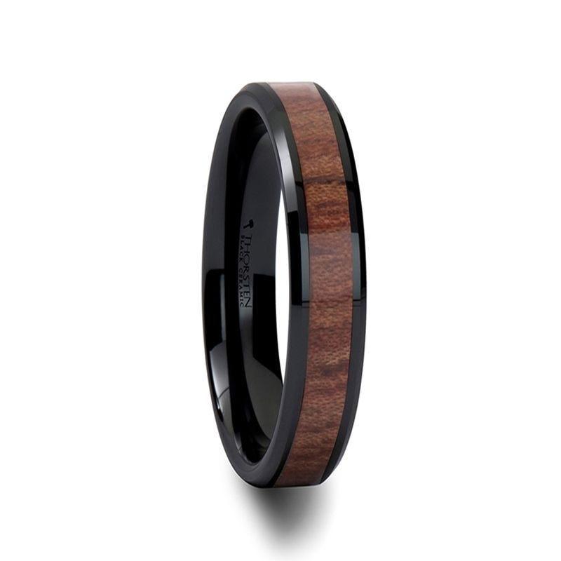 DENALI Black Ceramic Wedding Band with Bevels and Rosewood Inlay - 10mm - 12mm