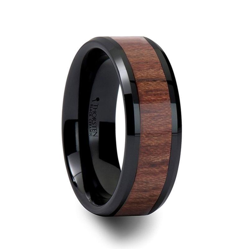DENALI Black Ceramic Wedding Band with Bevels and Rosewood Inlay - 10mm - 12mm