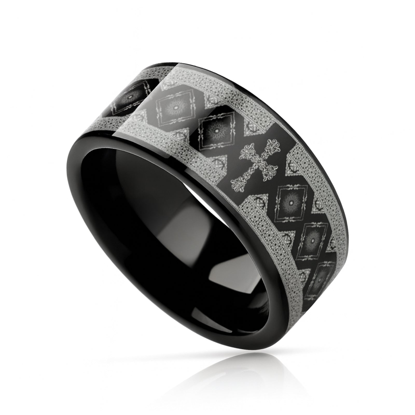 CATHOLY Black Flat Tungsten Carbide Ring with Engraved Cross Pattern