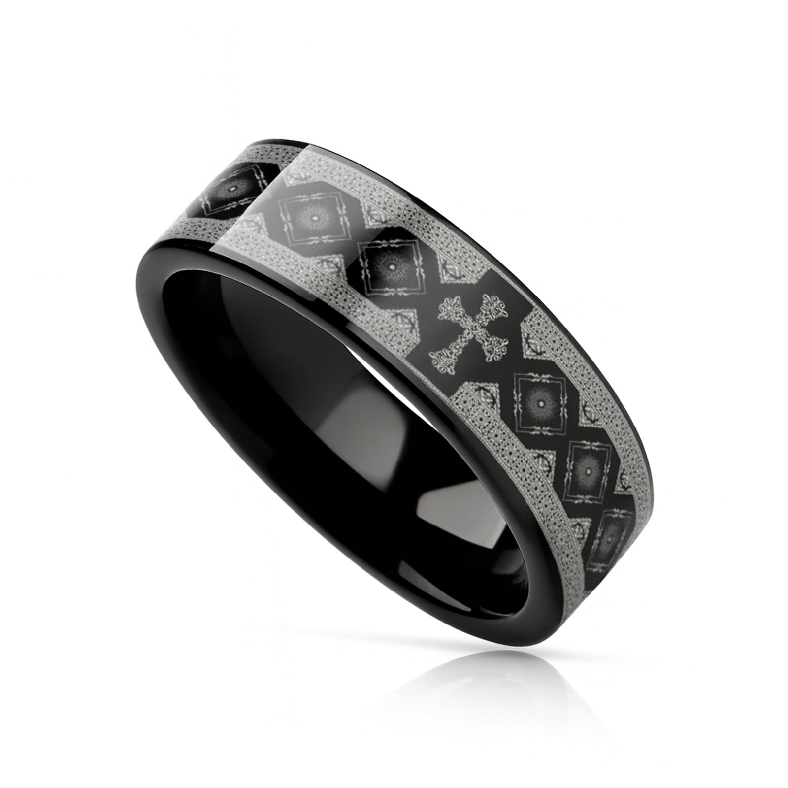 CATHOLY Black Flat Tungsten Carbide Ring with Engraved Cross Pattern