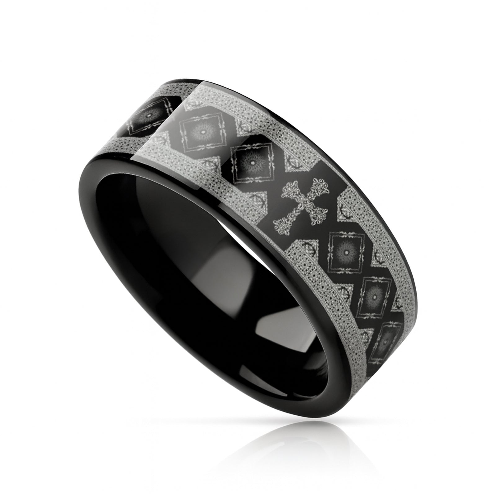 CATHOLY Black Flat Tungsten Carbide Ring with Engraved Cross Pattern