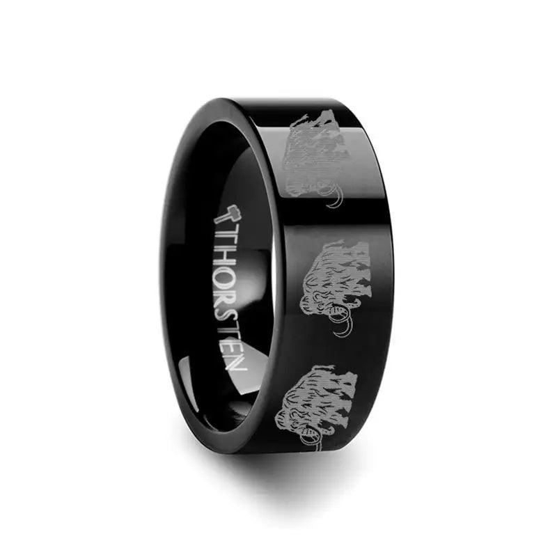 Dinosaur Mammoth Prehistoric Paleo Engraved Flat Black Tungsten Ring - 10mm - 12mm