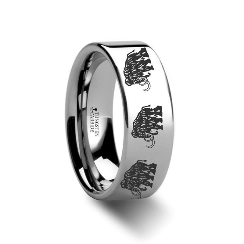 Dinosaur Mammoth Prehistoric Paleo Engraved Flat Tungsten Ring - 4mm - 8mm