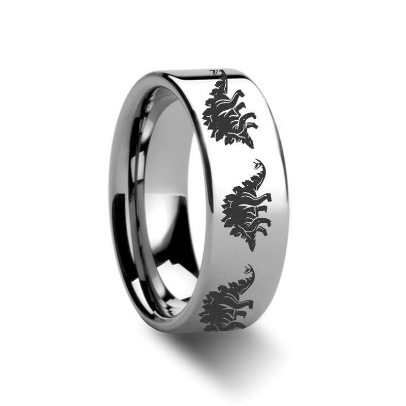 Dinosaur Stegasaurus Prehistoric Paleo Engraved Flat Tungsten Ring - 10mm - 12mm