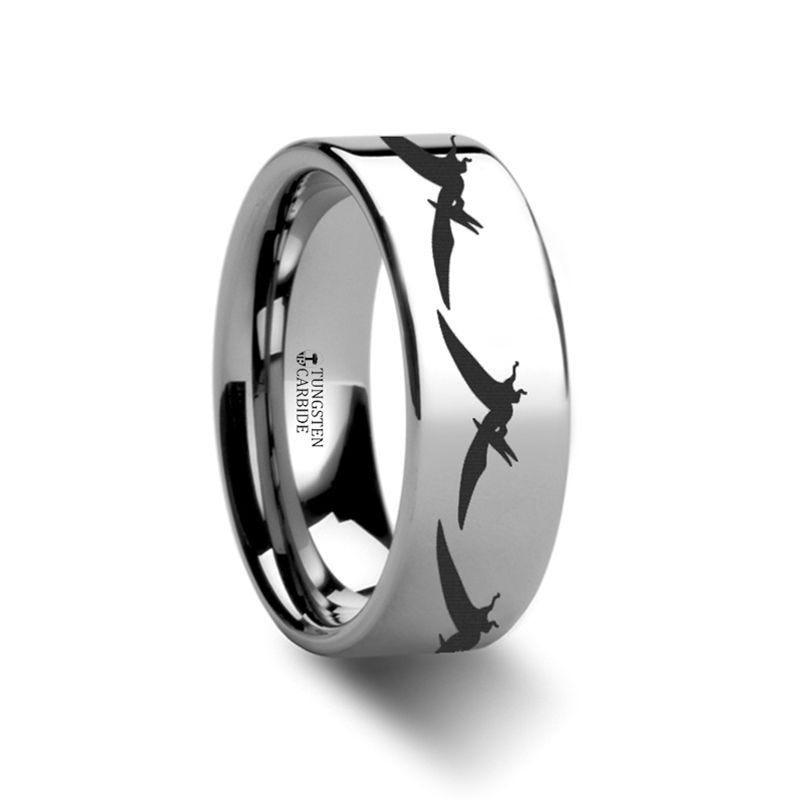 Dinosaur Teradactyl Prehistoric Paleo Engraved Flat Tungsten Ring - 10mm - 12mm