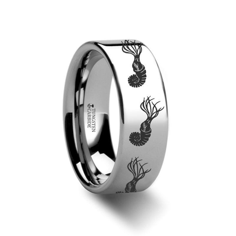 Dinosaur Ammonite Prehistoric Paleo Engraved Flat Tungsten Ring - 10mm - 12mm
