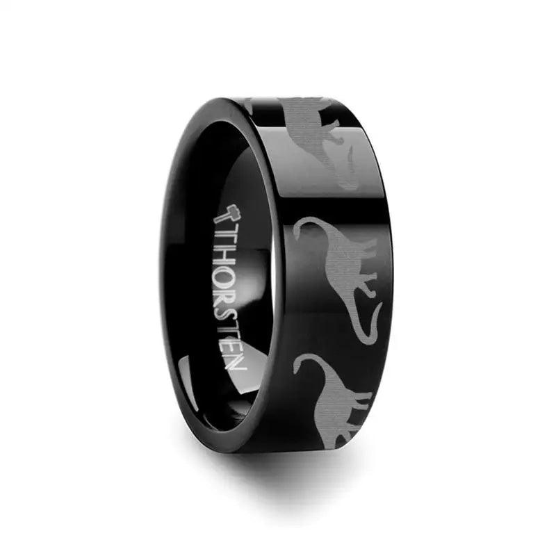 Dinosaur Brachiosaurus Prehistoric Paleo Engraved Flat Black Tungsten Ring - 4mm - 8mm