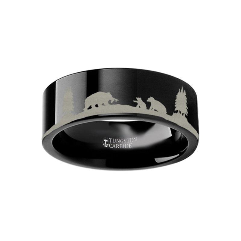 Animal Landscape Scene Bears Bear Cubs Engraved Flat Black Tungsten Ring - 4mm -8mm
