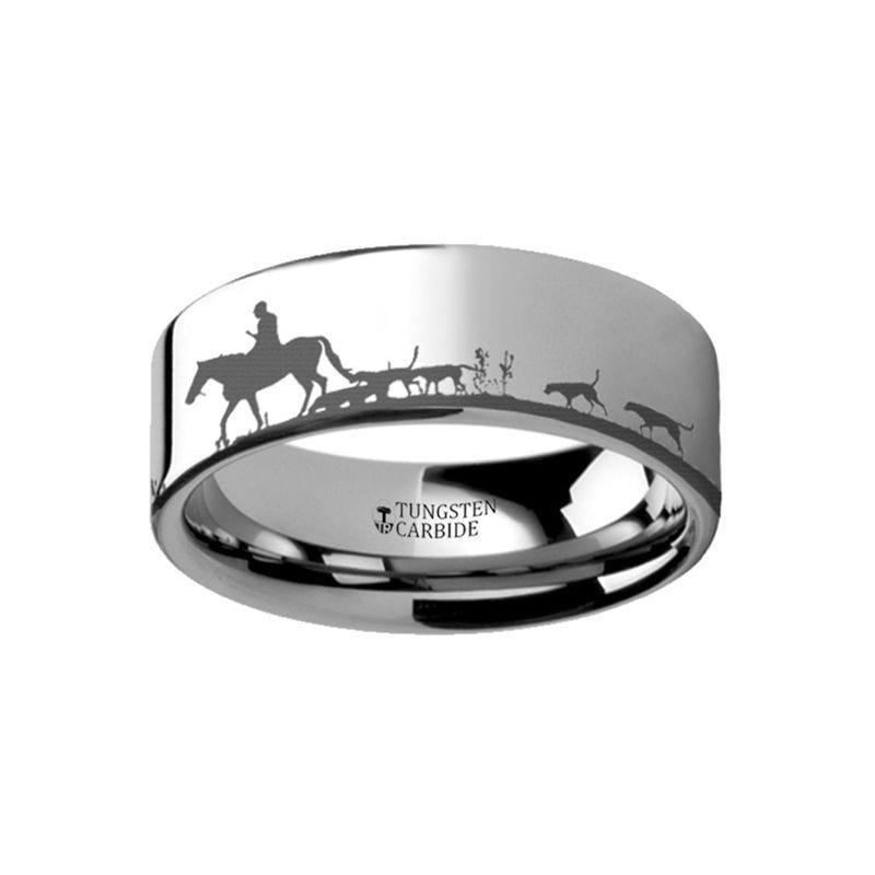 Animal Landscape Scene Fox Hunt Hunting Engraved Flat Tungsten Ring - 4mm - 8mm