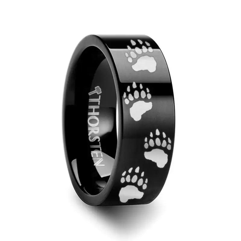 Animal Track Bear Paw Print Engraved Black Tungsten Ring Polished - 4mm - 8mm