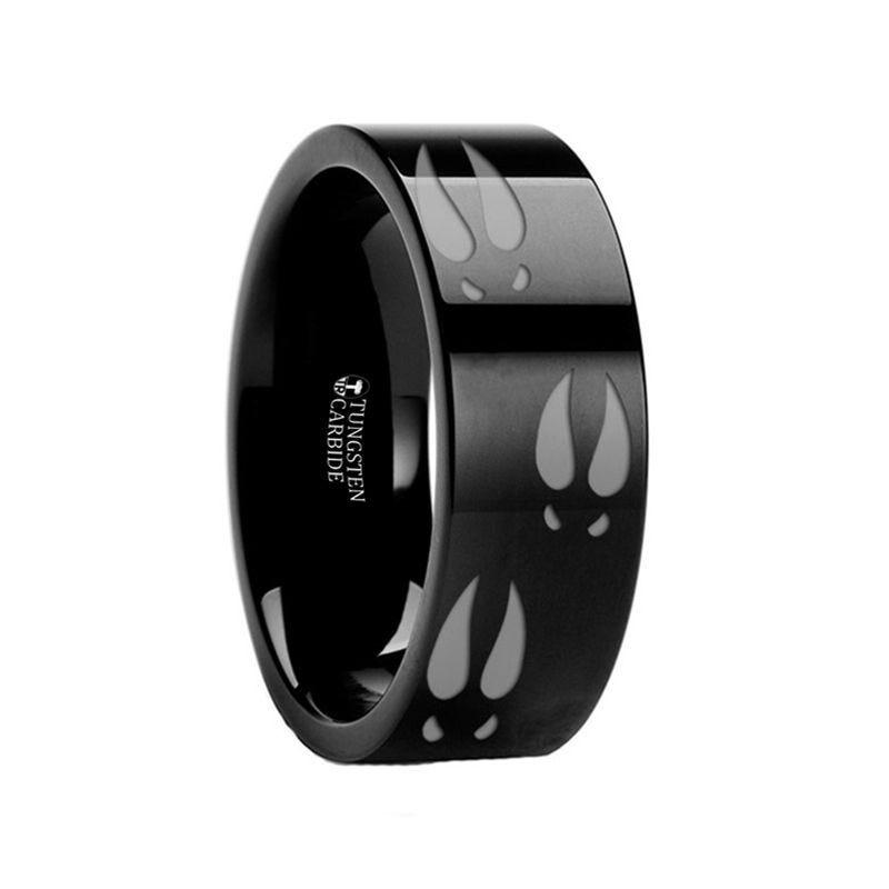 Animal Track Deer Print Engraved Flat Black Tungsten Ring - 4mm - 8mm