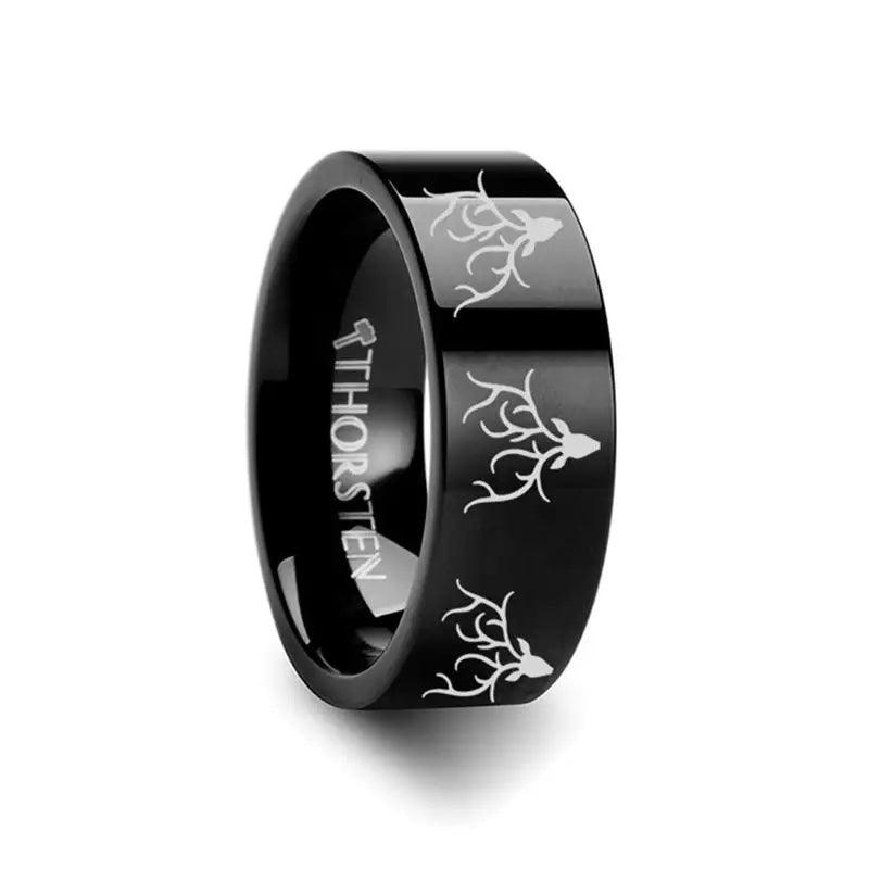 Animal Reindeer Deer Stag head Print Engraved Flat Black Tungsten Ring - 2mm - 8mm