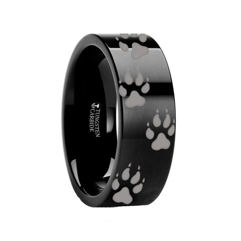 Animal Track Wolf Print Ring Engraved Black Tungsten - 10mm - 12mm