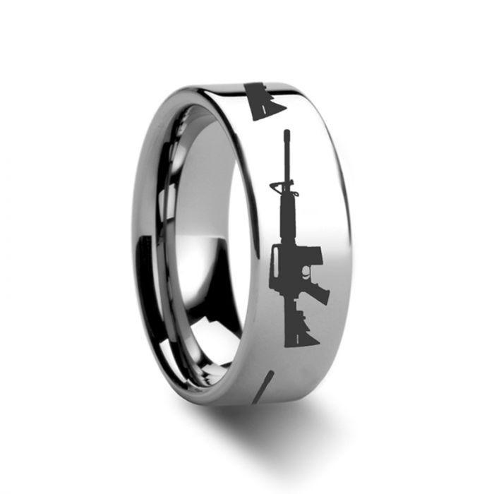 AR-15 Firearm AR15 Design Engraved Flat Tungsten Ring - 4mm - 8mm