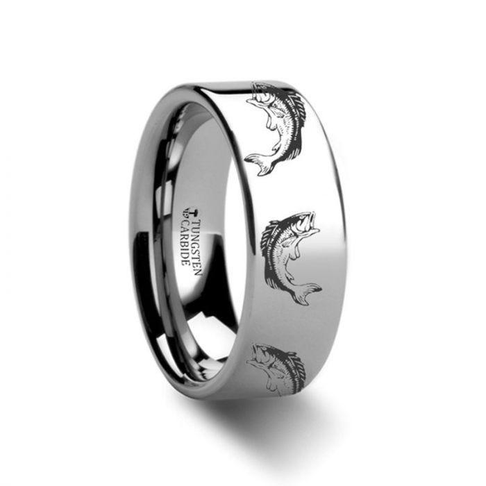 Bass Fish Jumping Sea Print Pattern Engraved Flat Tungsten Ring - 10mm - 12mm