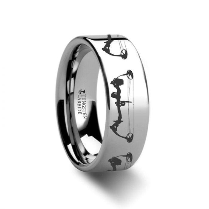 Bow Archery Design Engraved Flat Tungsten Ring - 10mm - 12mm