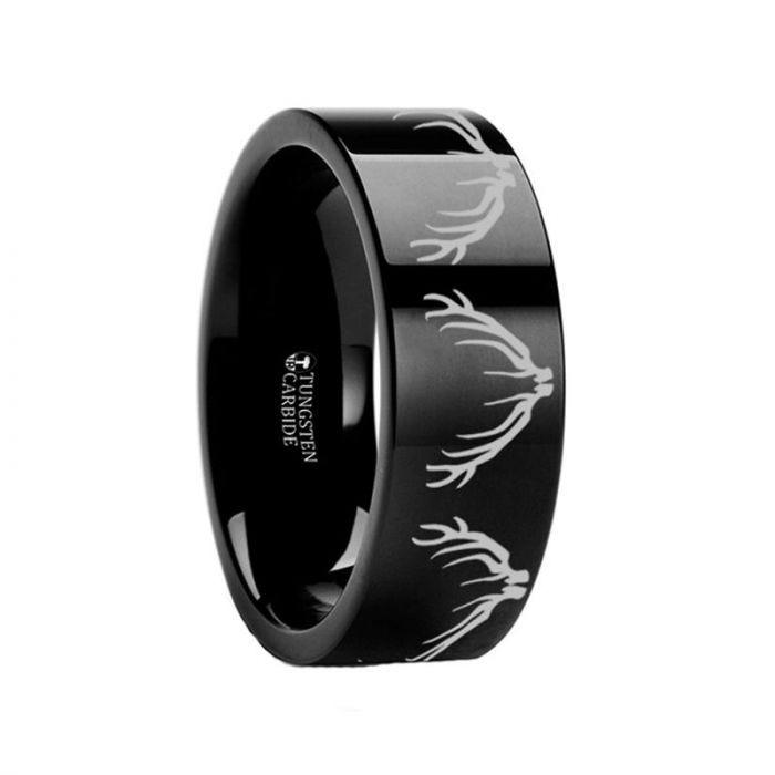 Deer Elk Antler Engraved Flat Black Tungsten Ring Polished- 4mm - 8mm