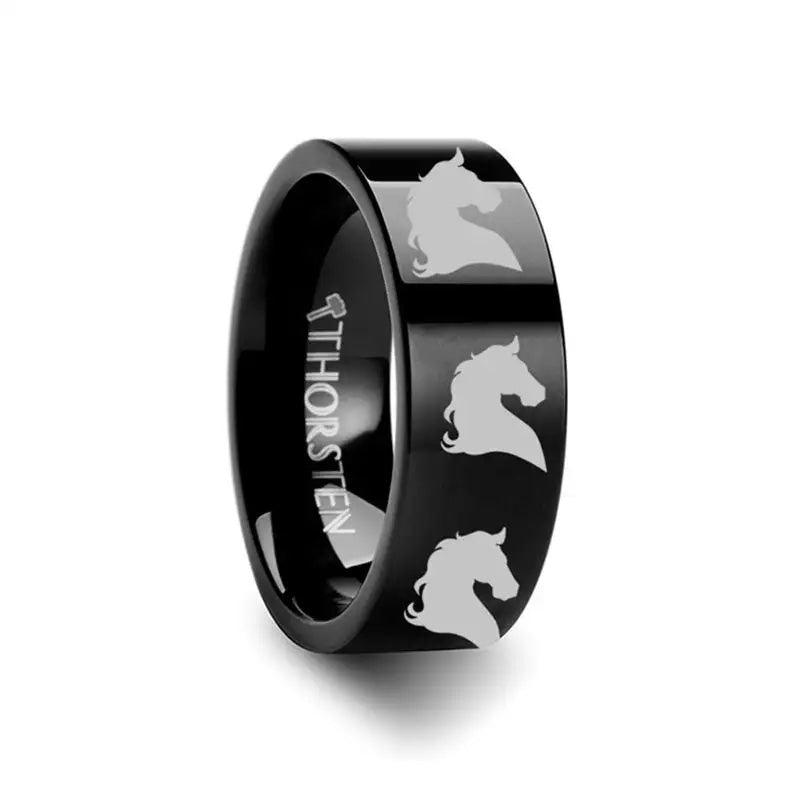 Animal Horse Head Print Engraved Flat Black Tungsten Ring - 10mm - 12mm