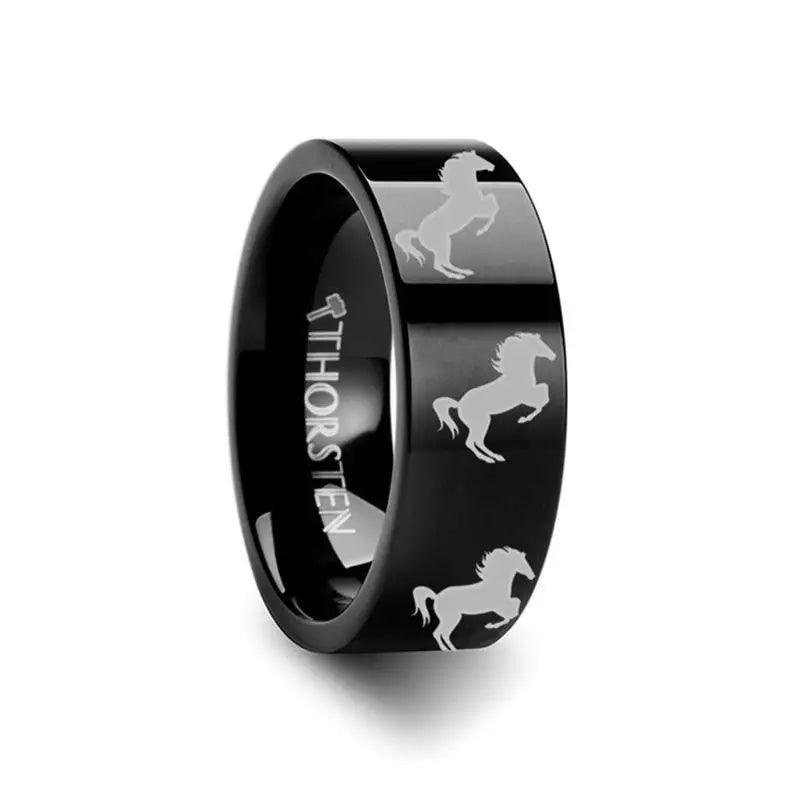Animal Horse Hind Legs Print Engraved Flat Black Tungsten Ring - 10mm - 12mm