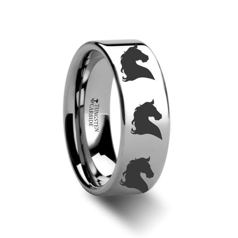Animal Horse Head Print Engraved Flat Tungsten Ring - 10mm - 12mm