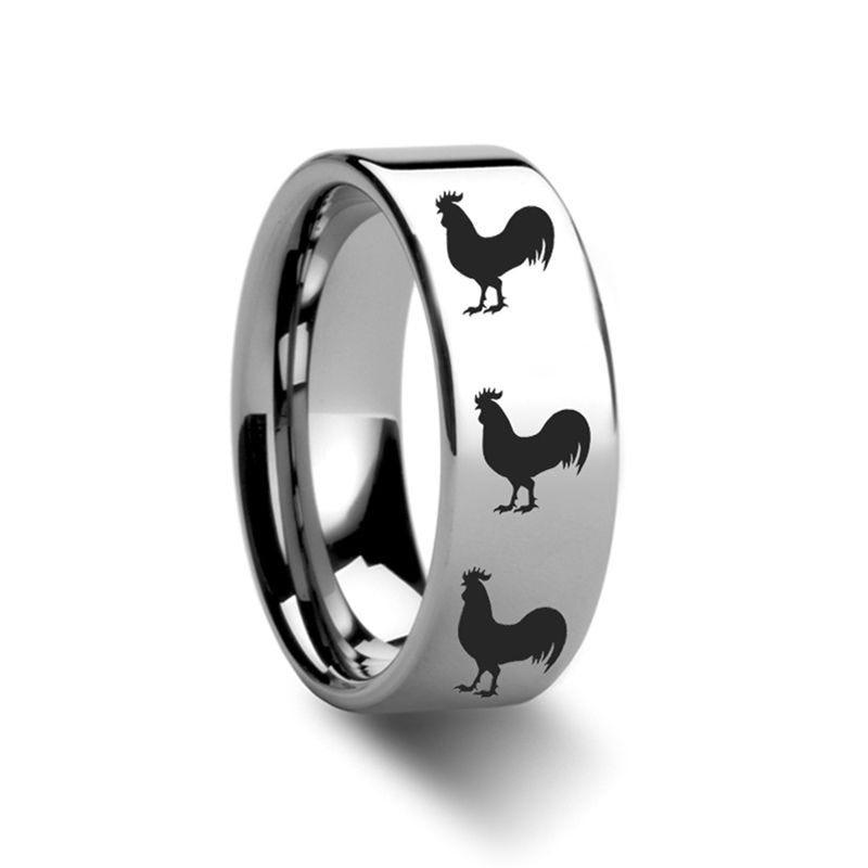 Animal Rooster Print Engraved Flat Tungsten Ring - 4mm - 8mm