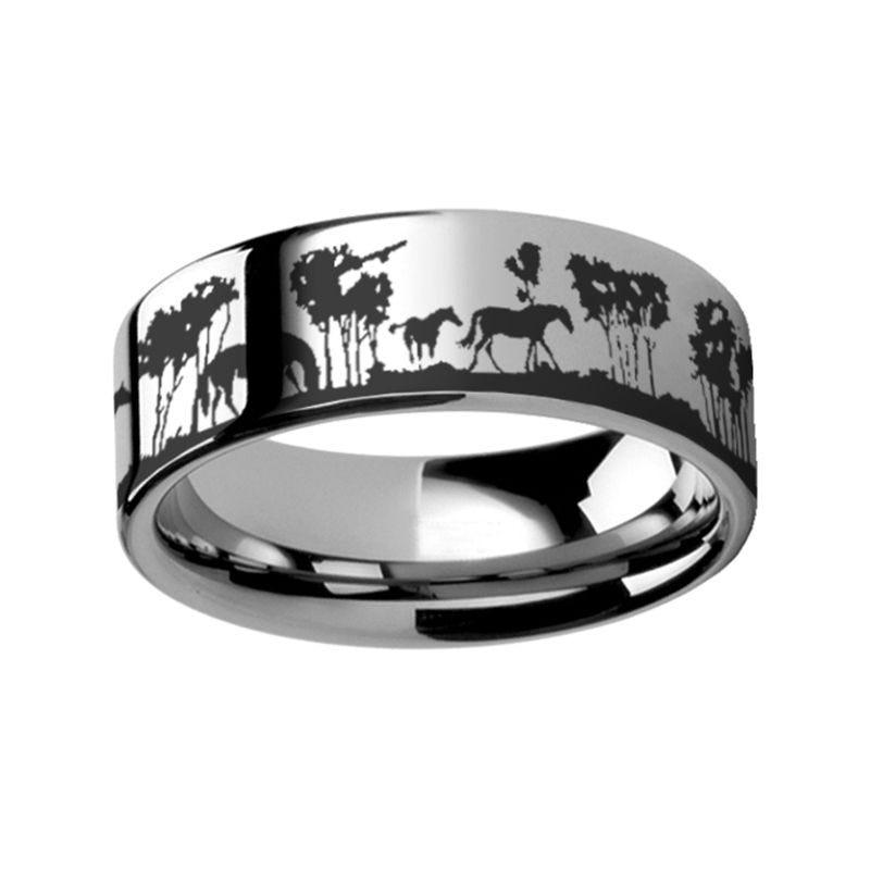 Animal Landscape Wild Horse Scene Engraved Flat Tungsten Ring - 4mm - 8mm