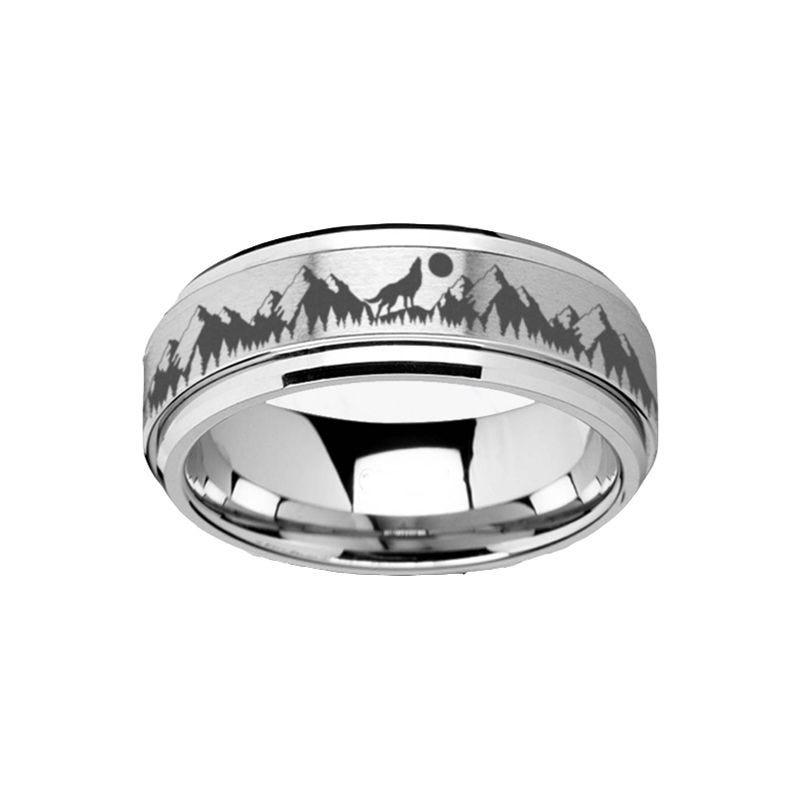 Spinning Engraved Mountain Wolf Moon Tungsten Carbide Spinner