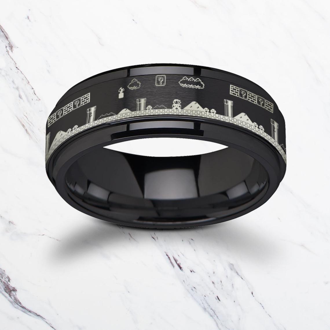 Spinning Engraved Super Mario Bros Pixel Level Black Tungsten Carbide ...