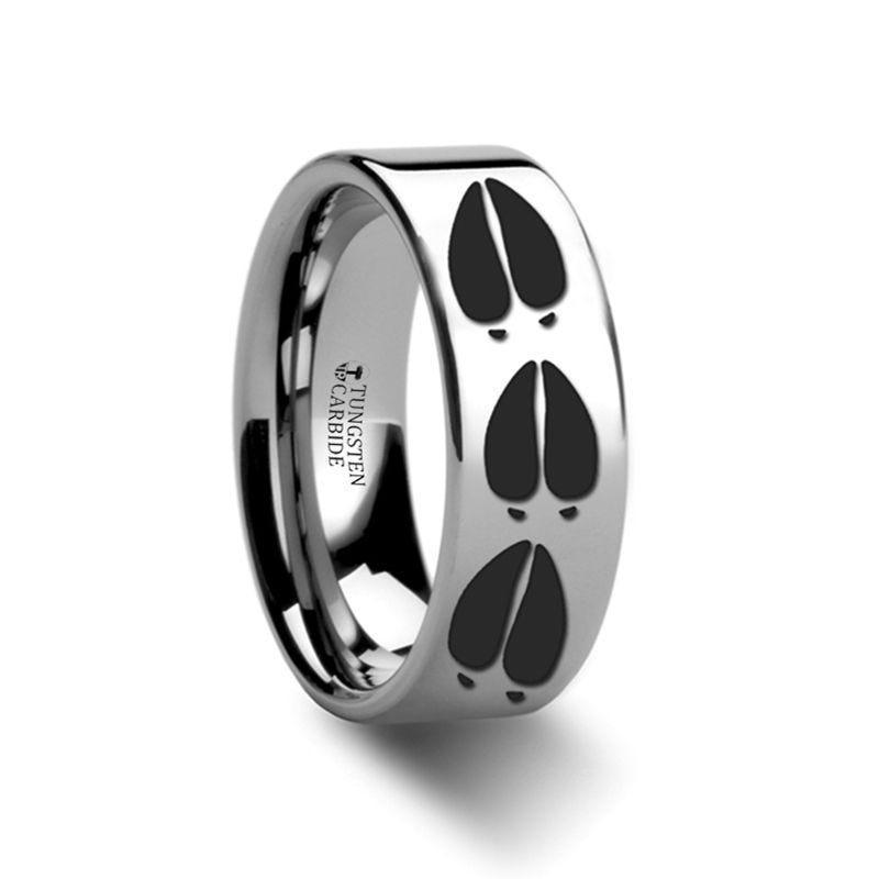 CASCADES Animal Deer Track Mule Print Engraved Flat Tungsten Ring - 10mm - 12mm