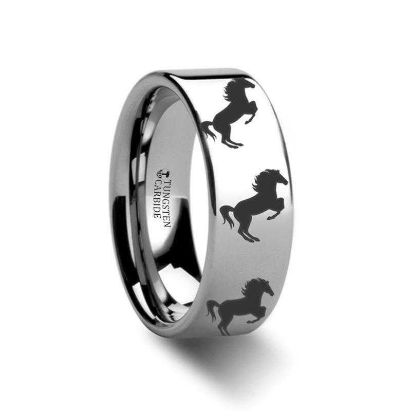 Animal Horse Hind Legs Print Engraved Flat Tungsten Ring - 10mm - 12mm