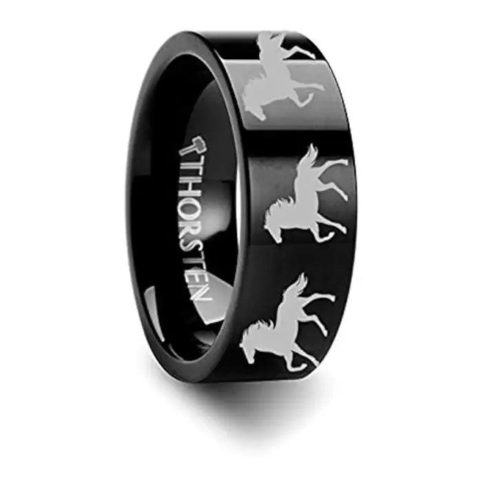 Animal Horse Print Engraved Flat Black Tungsten Ring - 10mm - 12mm