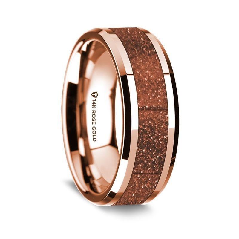 14K Rose Gold Polished Beveled Edges W/ Orange Goldstone Inlay - 8mm