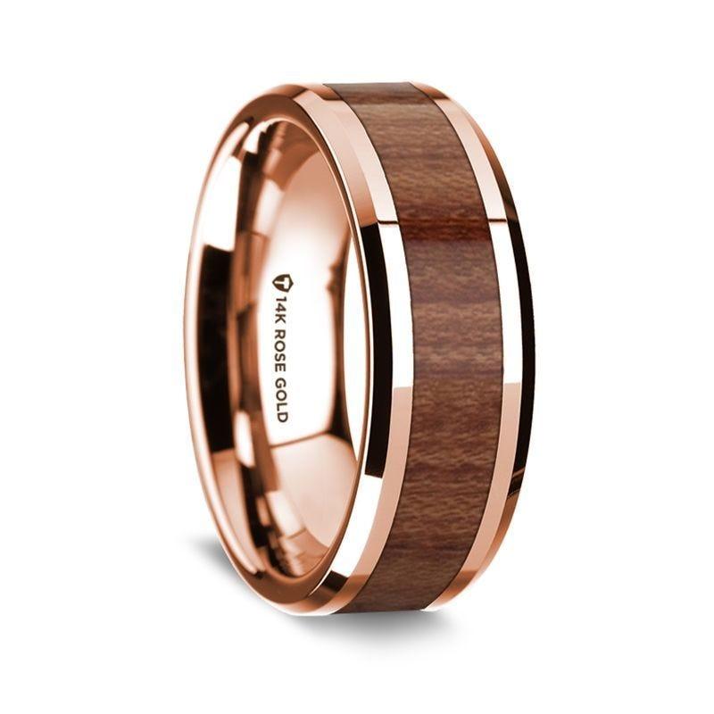 14K Rose Gold Polished Beveled Edges W/ Rosewood Inlay - 8 mm