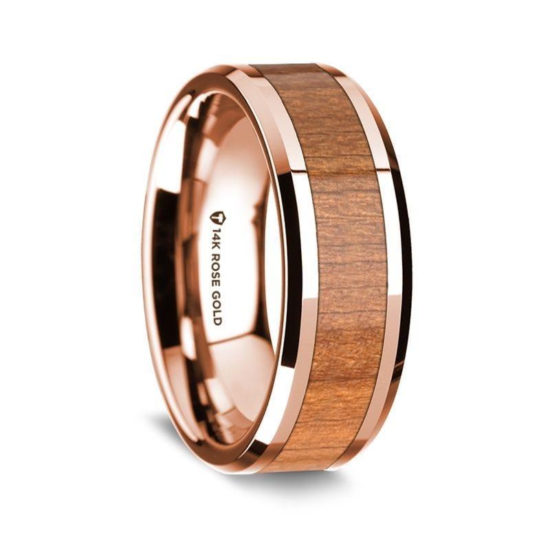 14K Rose Gold Polished Beveled Edges W/ Cherry Wood Inlay - 8mm