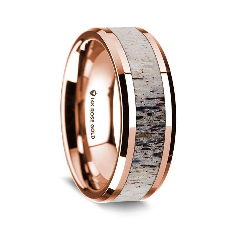 14K Rose Gold Polished Beveled Edges W/ Ombre Deer Antler Inlay - 8mm