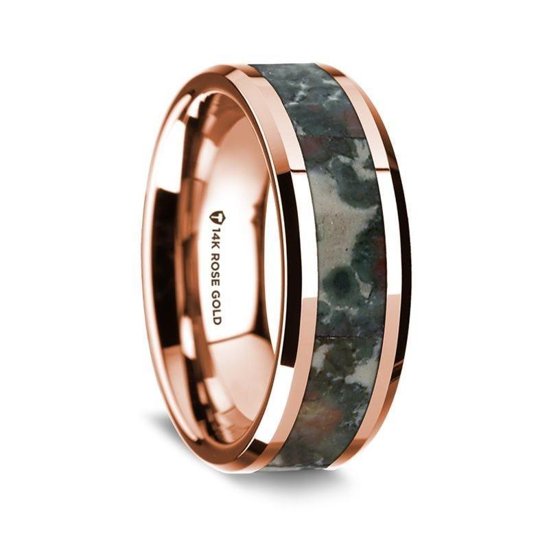 14K Rose Gold Polished Beveled Edges W/ Coprolite Inlay - 8mm