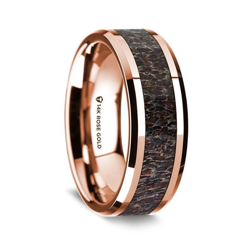 14K Rose Gold Polished Beveled Edges W/ Dark Deer Antler Inlay - 8mm