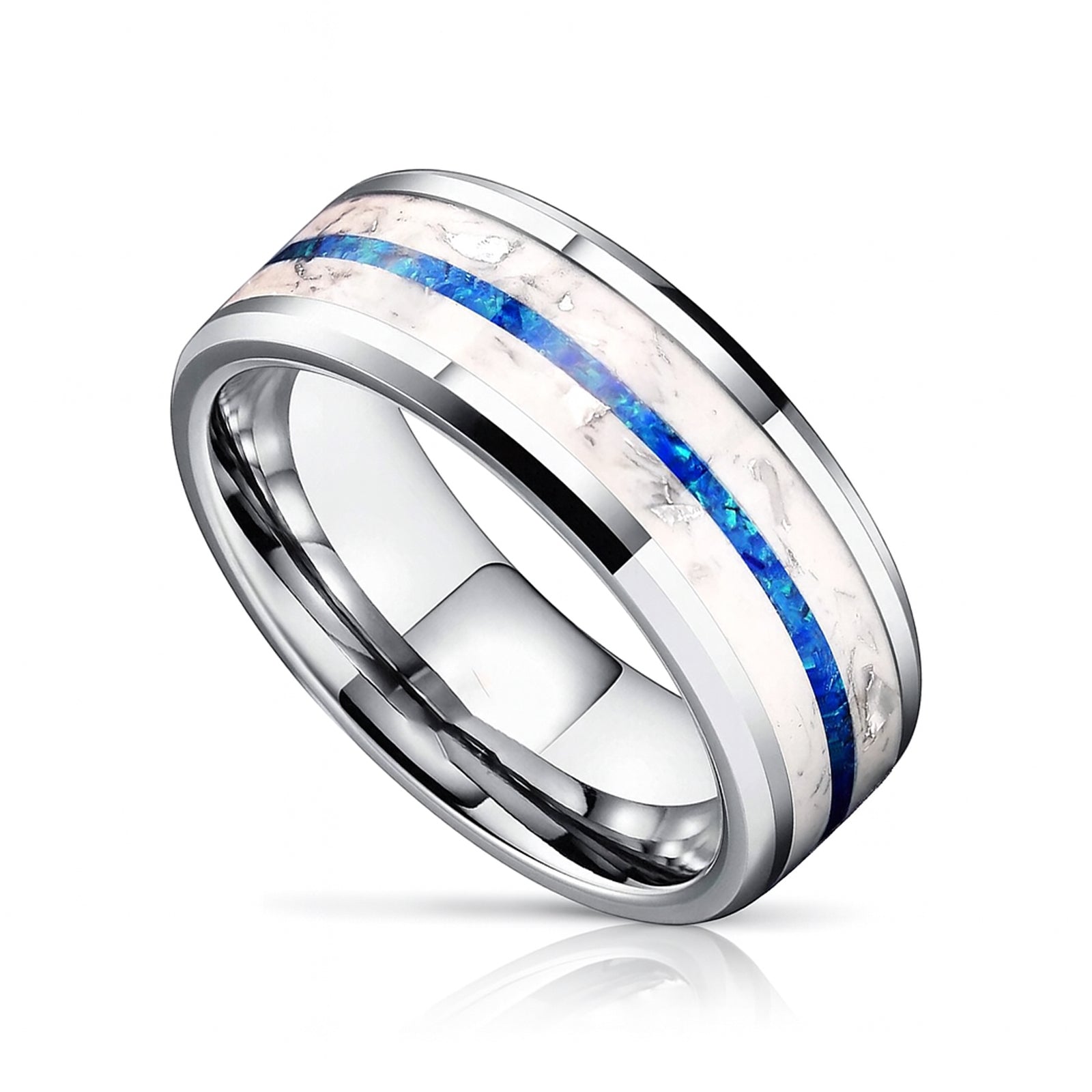 8mm - Tungsten Ring for Men with Blue opal Inlay Unique Band Glowing Luminous in the Dark