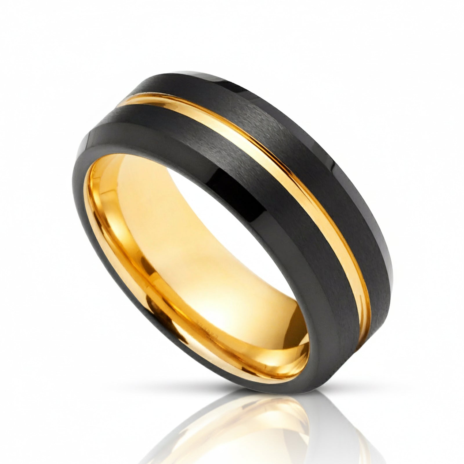 8mm - Black & Gold Tungsten Carbide Wedding Ring Brushed Center Gold Groove