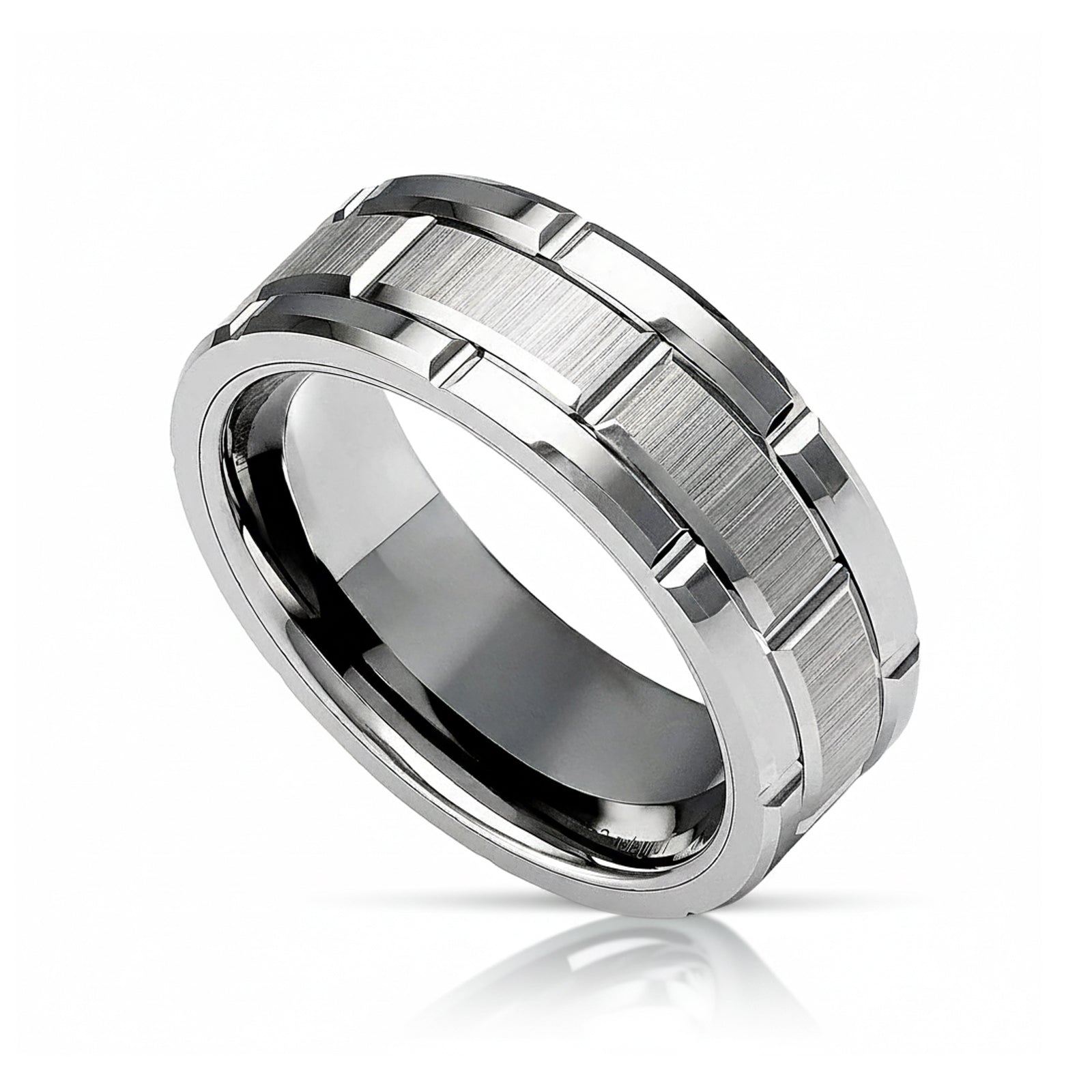 Silver Tungsten Ring With Brick Pattern Brushed Center -8mm
