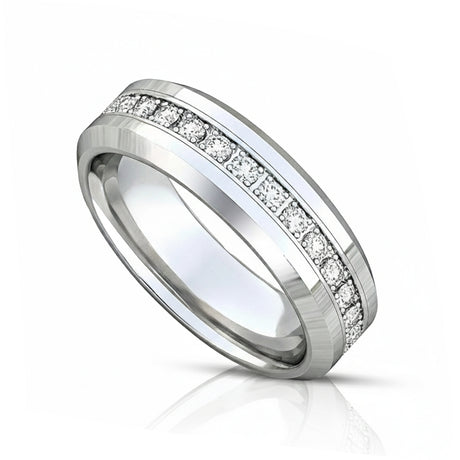 8mm - Tungsten Carbide Wedding Band Fully Stacked Cubic Zircon Beveled Edge Comfort Fit